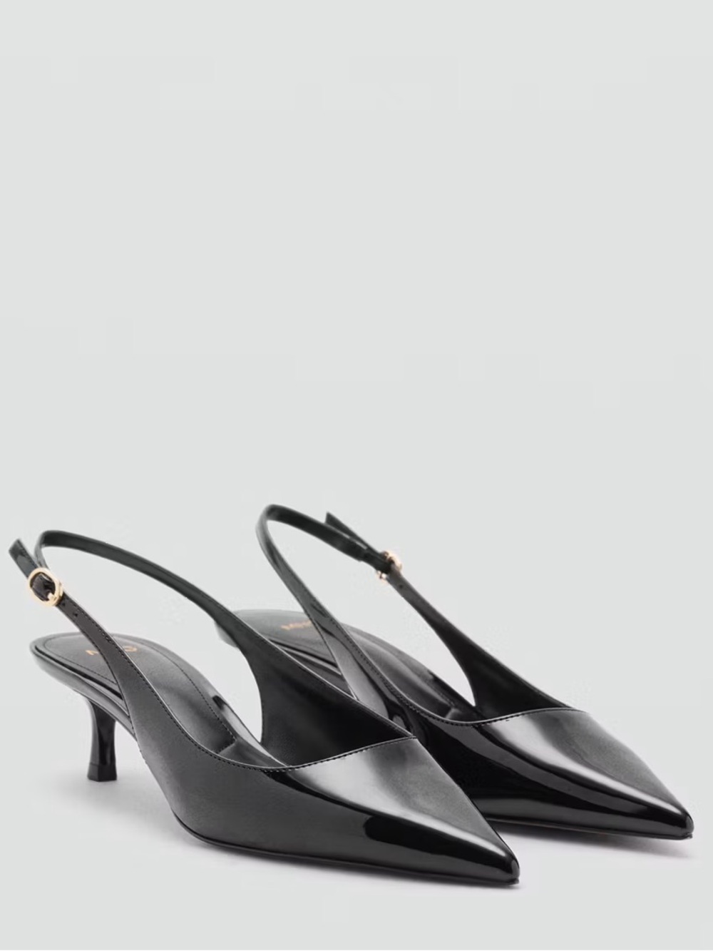 Mango Black Patent Slingback Pointed-Toe Kitten Heels